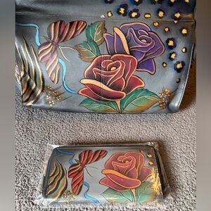 New Anuschka Hand-Painted Leather Bag & Matching Wallet – Rose & Butterfly